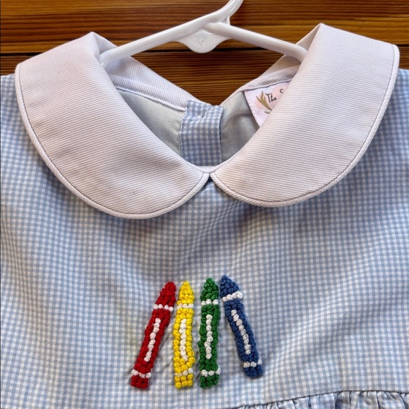 The Smocking Place Adorable Blue Gingham Dress W/Embroidered Crayons Size 4T - Picture 5 of 8